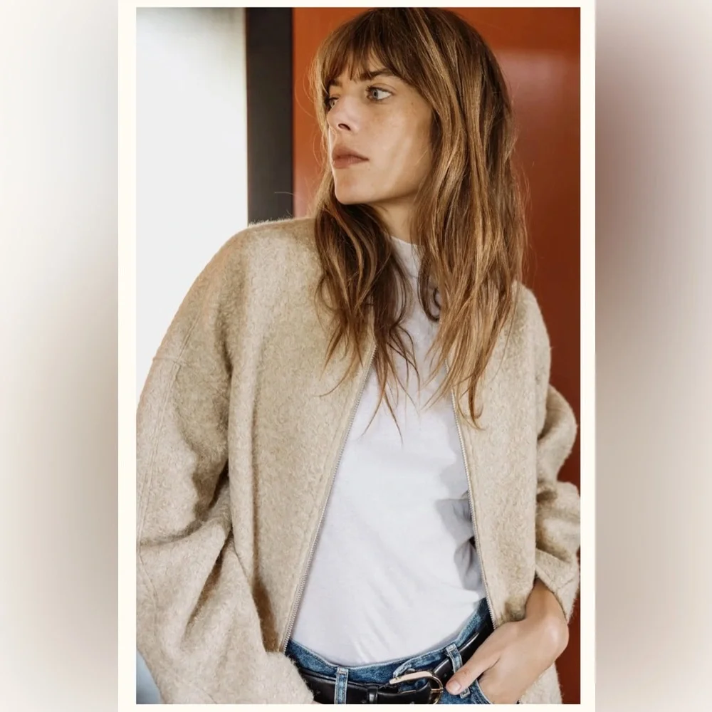ZARA 5070/642 Textured Bouclé Bomber Jacket Sand Beige XS Oversized Quiet Luxury - Picture 4 of 16